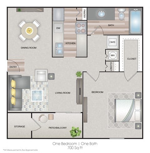 Floor plan for 1 bed, 1 bath, 700 sqft